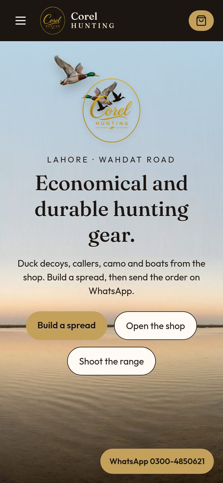 Corel Hunting home page on mobile