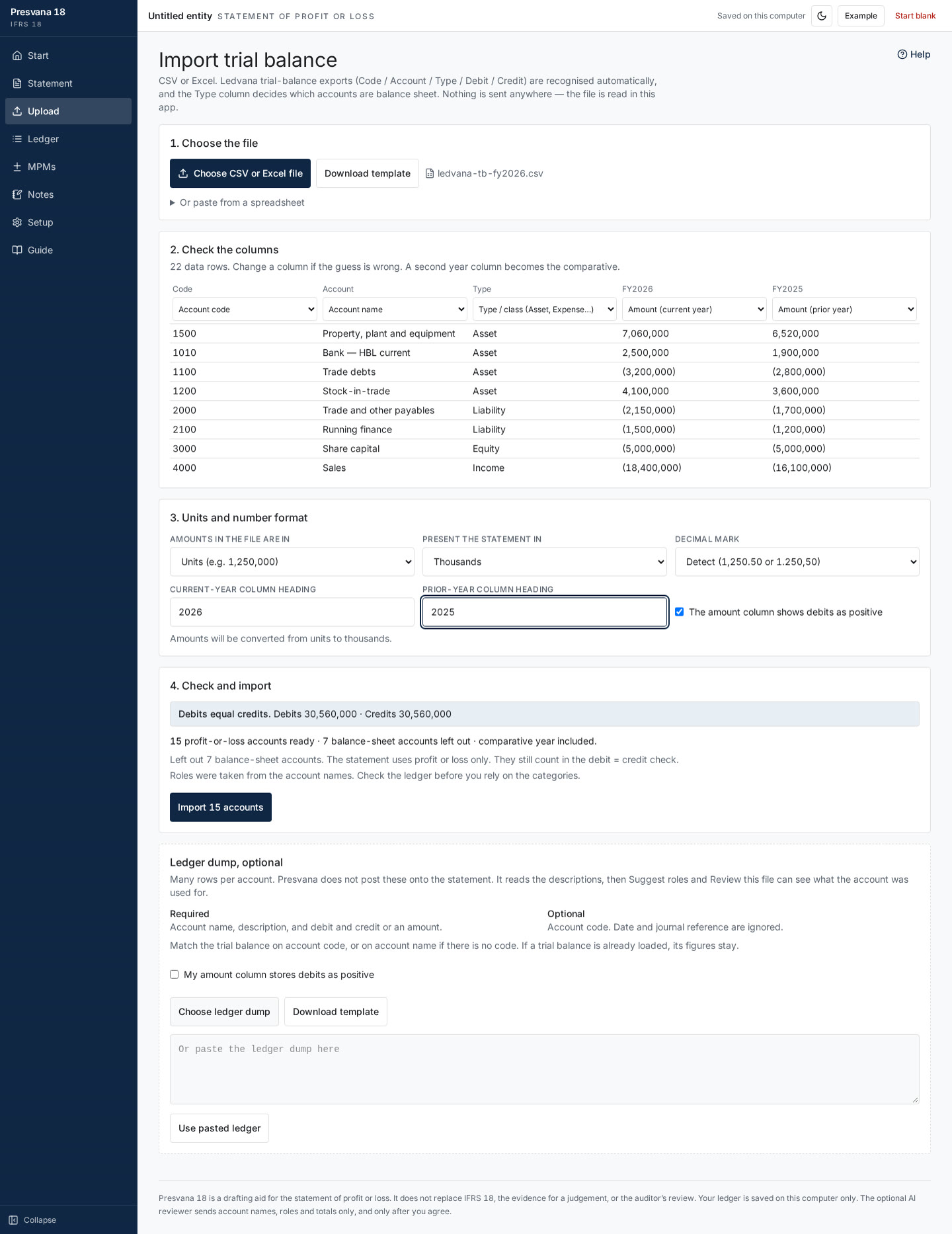 Import a trial balance from Excel or CSV