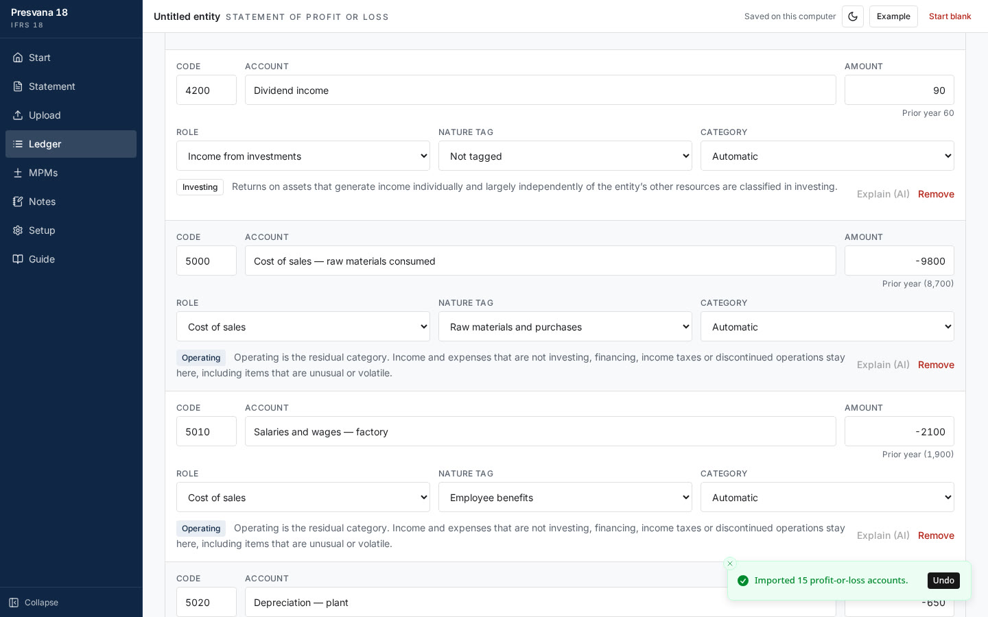 Map each account to an IFRS 18 category