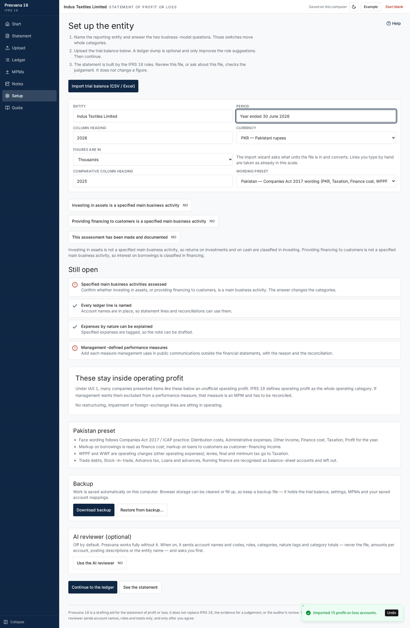 Setup: Pakistan preset, backup and AI checks